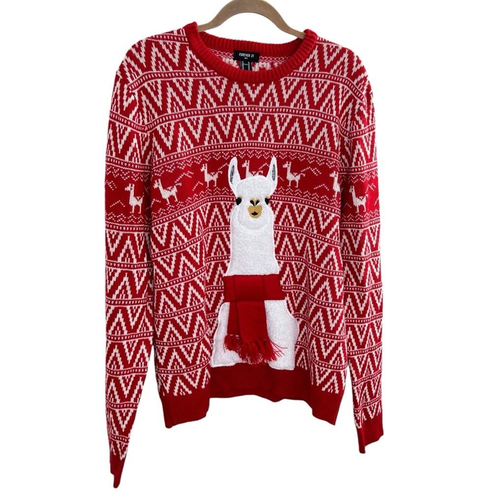 Forever 21 Men’s  Llama with Scarf Fair Isle Red 3D  Ugly Christmas Sweater XL